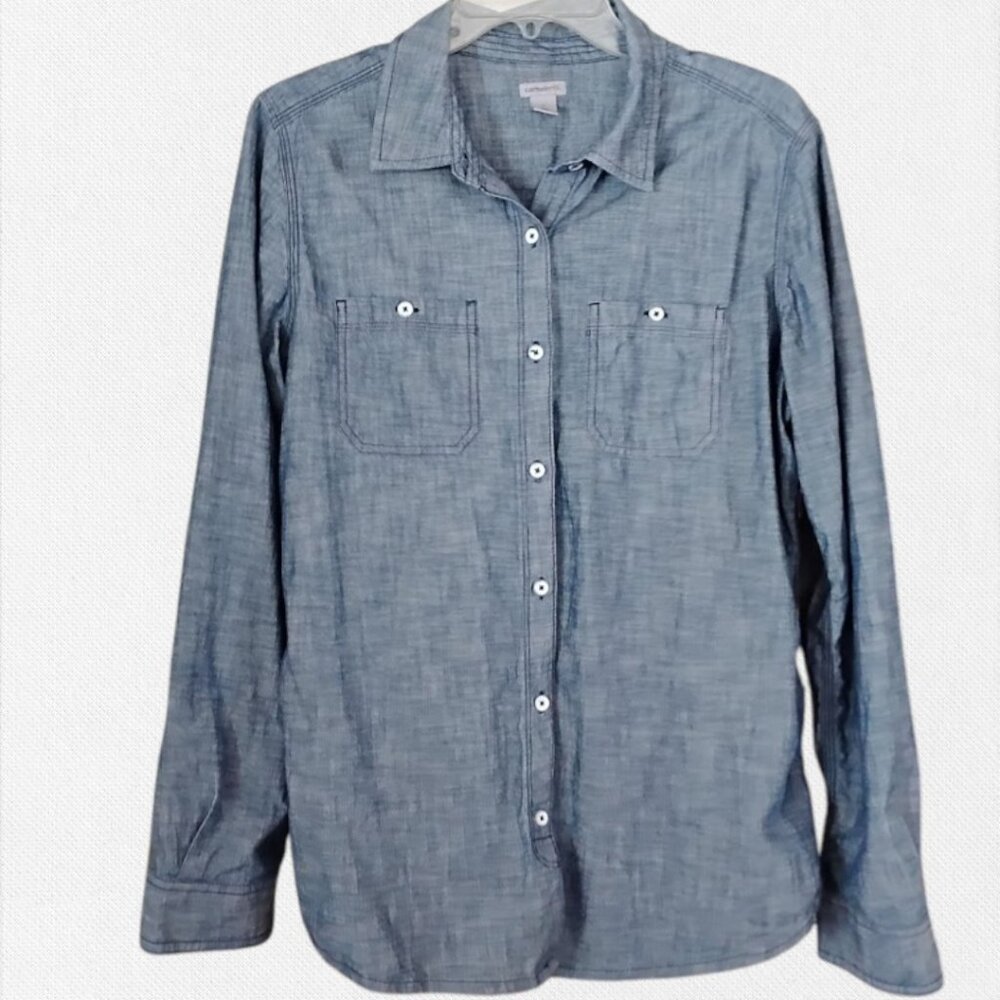 Carhartt Denim Chambray Button Up Blue Top Shirt Blouse L Large 12/14